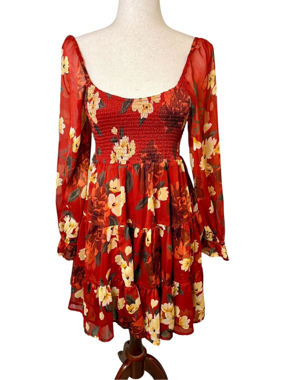 Patrons Of Peace Red Floral Smocked Ruffle Mini Dress Boho Romantic Small